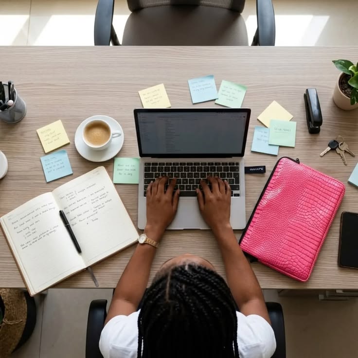 Business owner working on a laptop at an organised desk