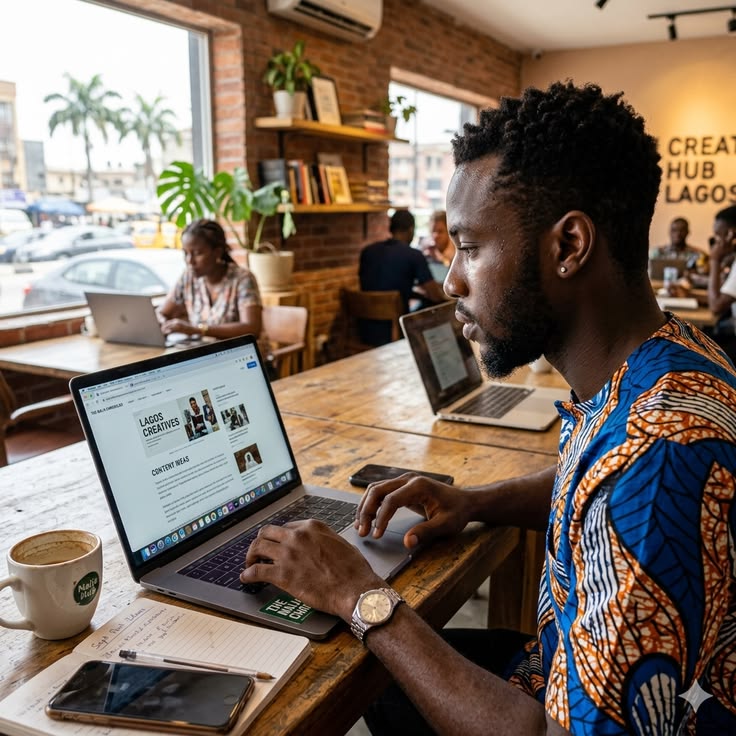 Business owner creating a website on a laptop in a shared workspace