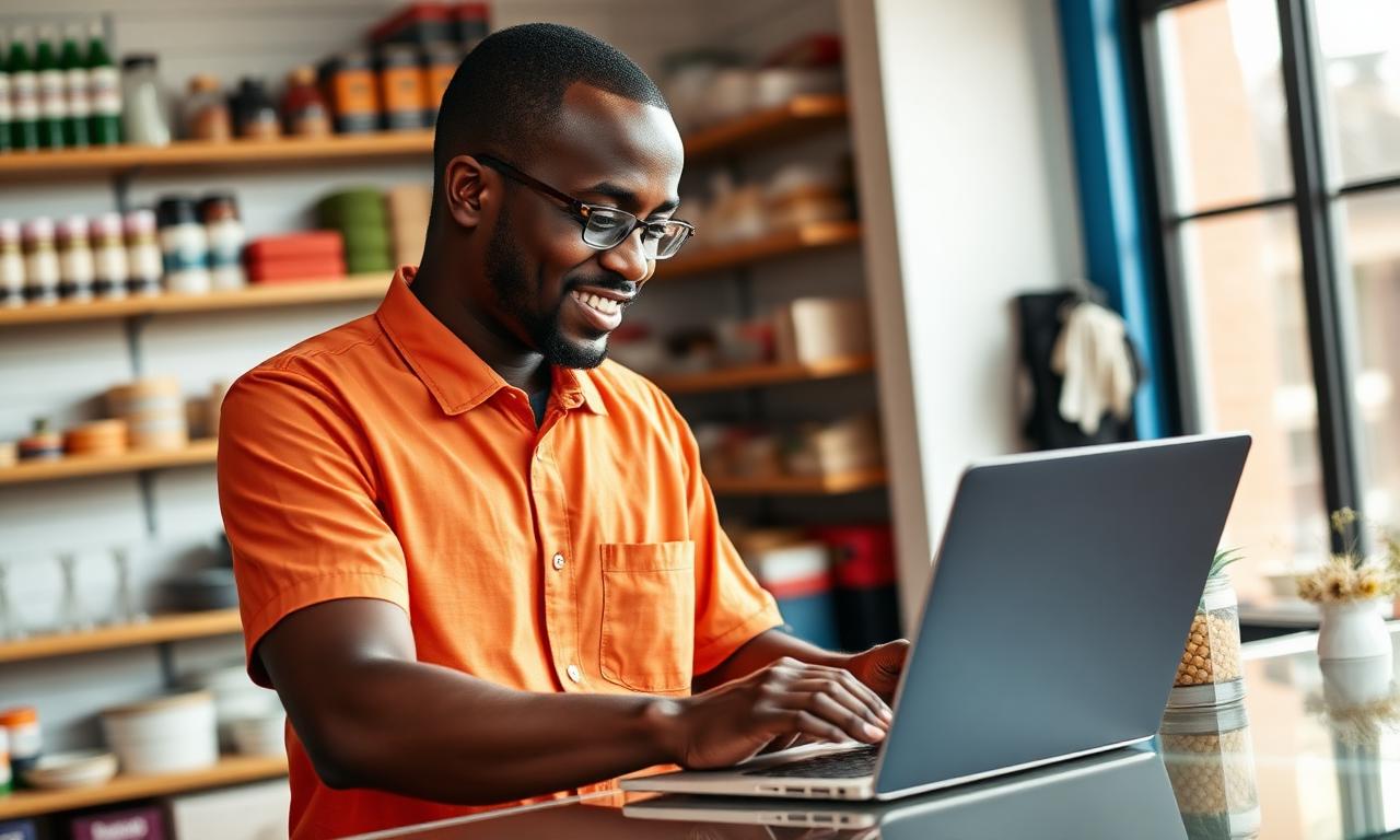 Small business owner reviewing an Excel tracker on a laptop
