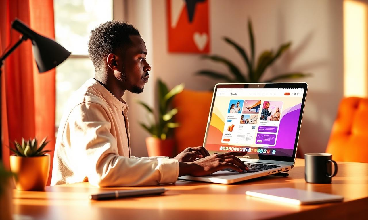 Web designer building a colorful website on a laptop